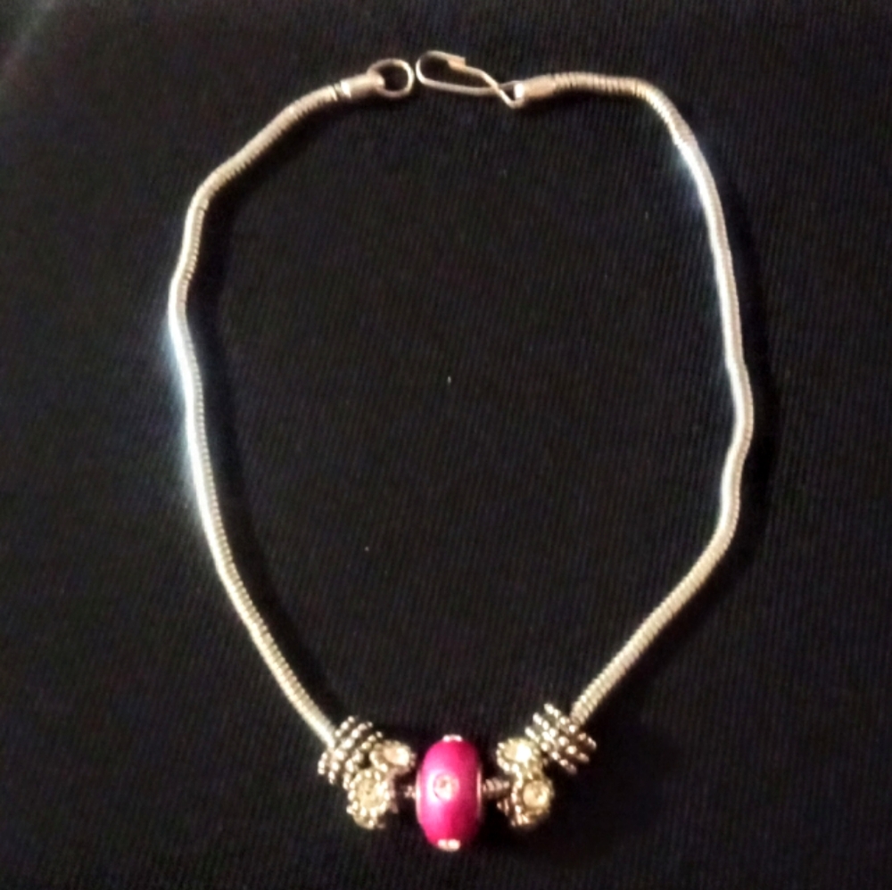 Handcrafted  necklace with raspberry and silver tone beads